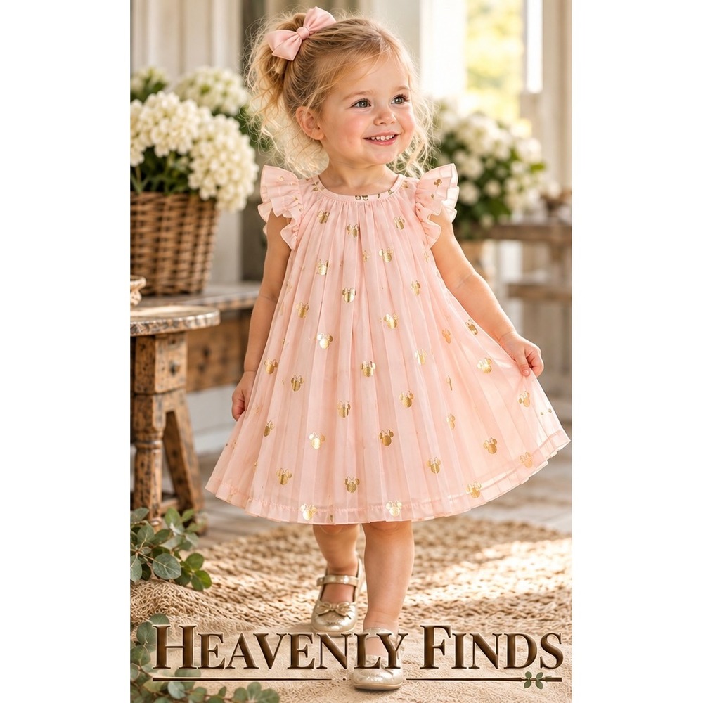Disney Minnie Mouse Dress 3T Pink Gold Foil Pleated Chiffon Flutter Sleeve Party